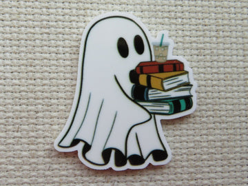 First view of a ghost carrying a stack of books with a drink on top minder.