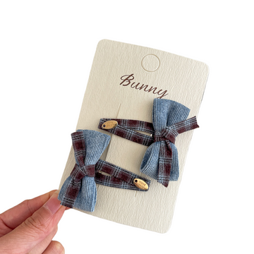 Plaid Bow Hair Clip with Gold Label