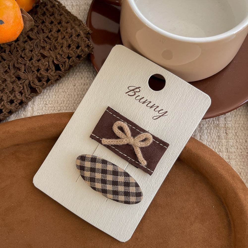 Coffee Plaid Knot Oval Hair Clip