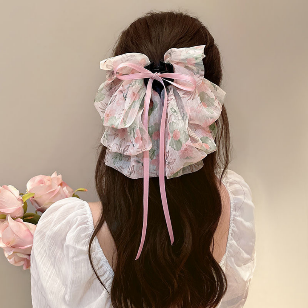 Vintage Floral Long Ribbon Bow Chiffon Hair Clip