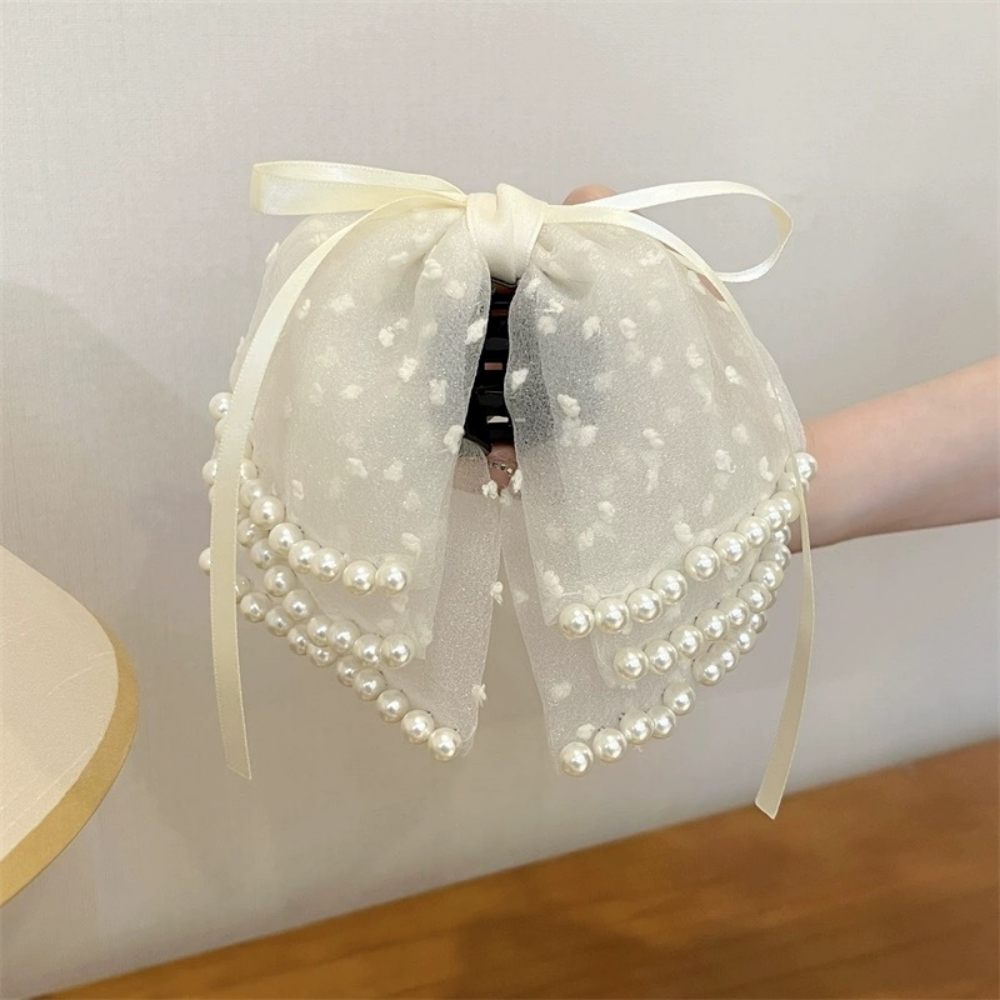 Elegant Pearl Ribbon Hair Clamp for Ponytails