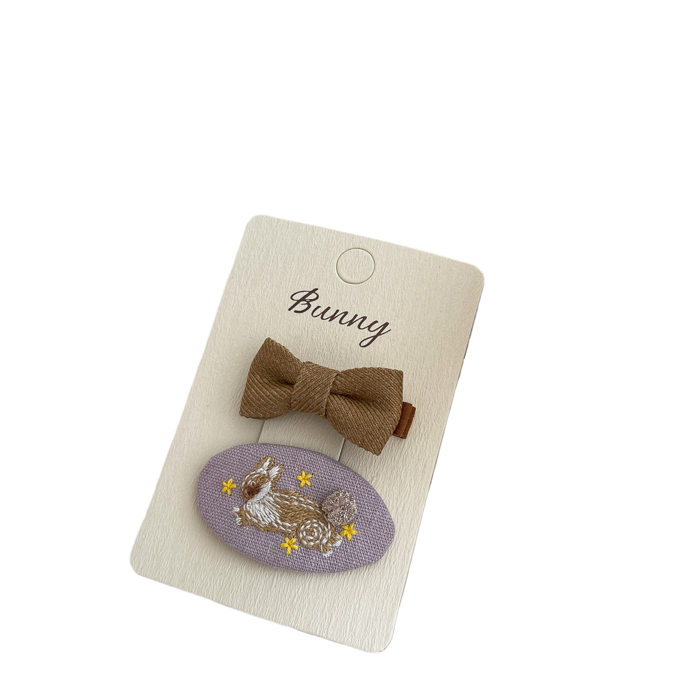 Oval Embroidered Rabbit Hair Clip