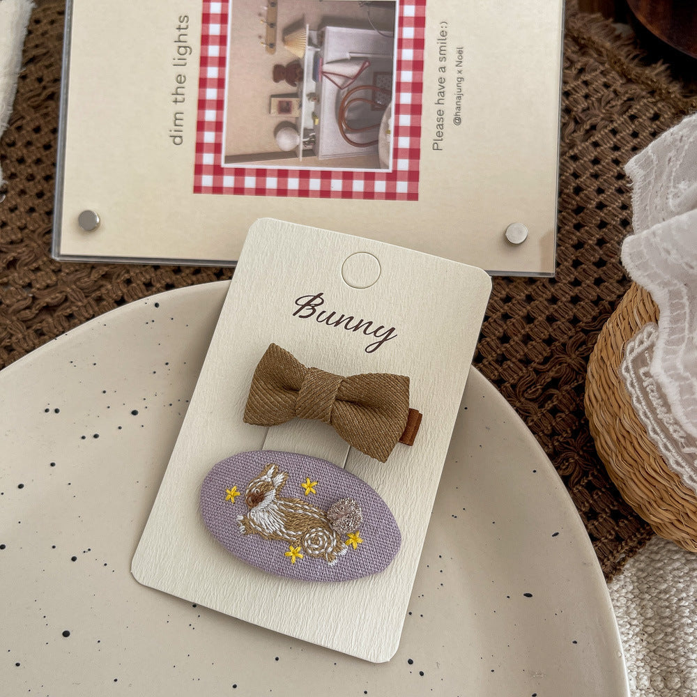 Oval Embroidered Rabbit Hair Clip