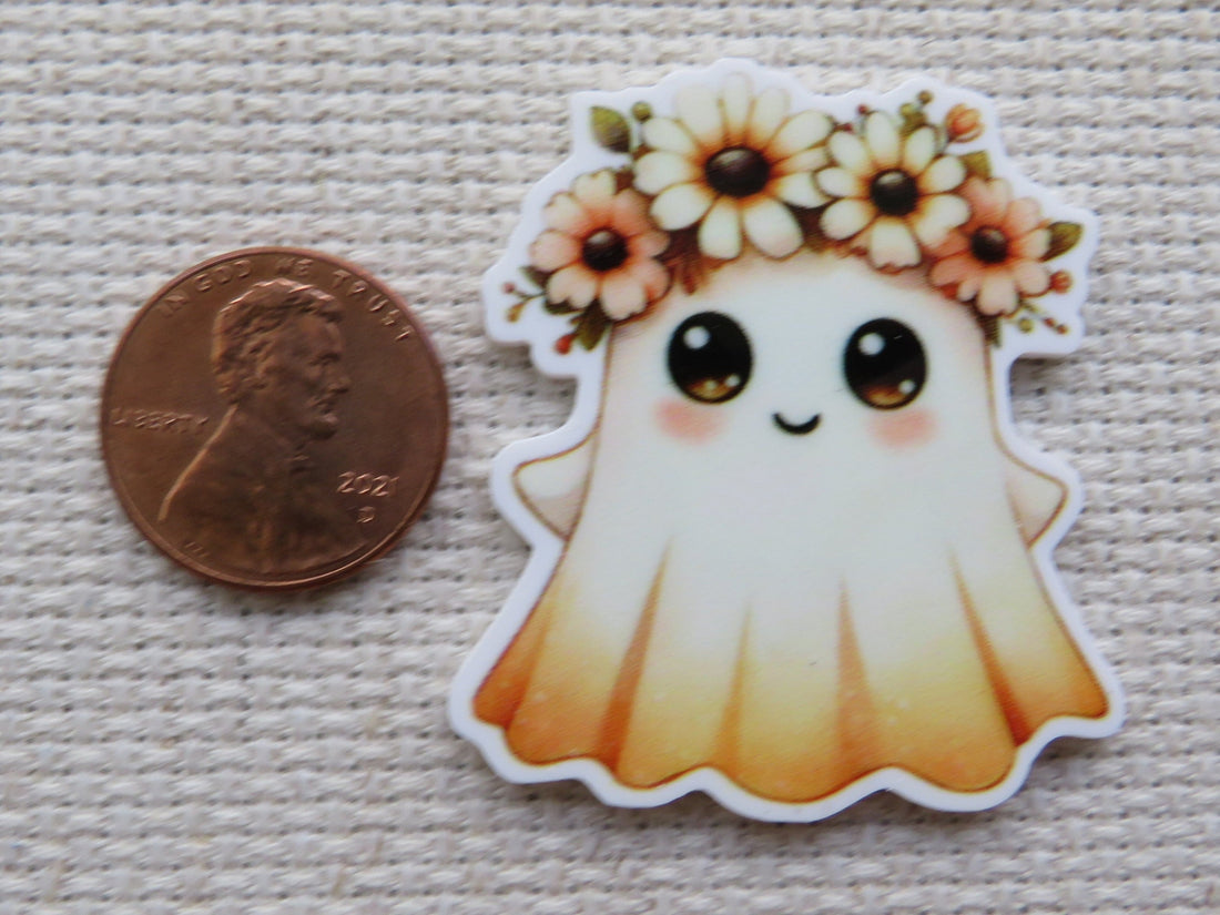 First view of Adorable ghost with a yellow and orange floral crown minder.