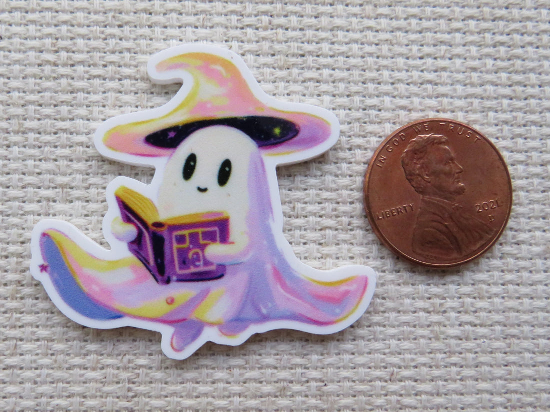 Cartoon ghost character with a witch hat reading a book minder.