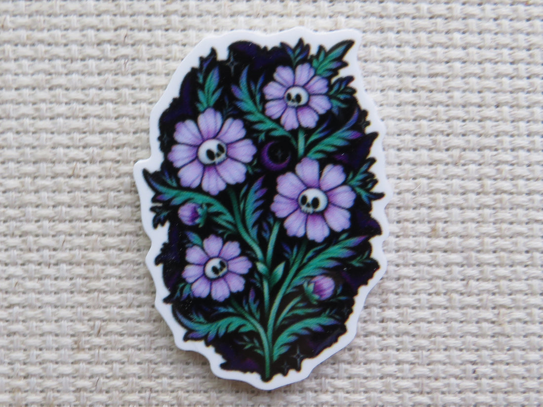 First view of Spooky purple flowers with skulls as their center minder.