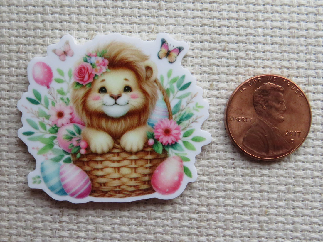First view of Lion in an Easter Basket Needle Minder.