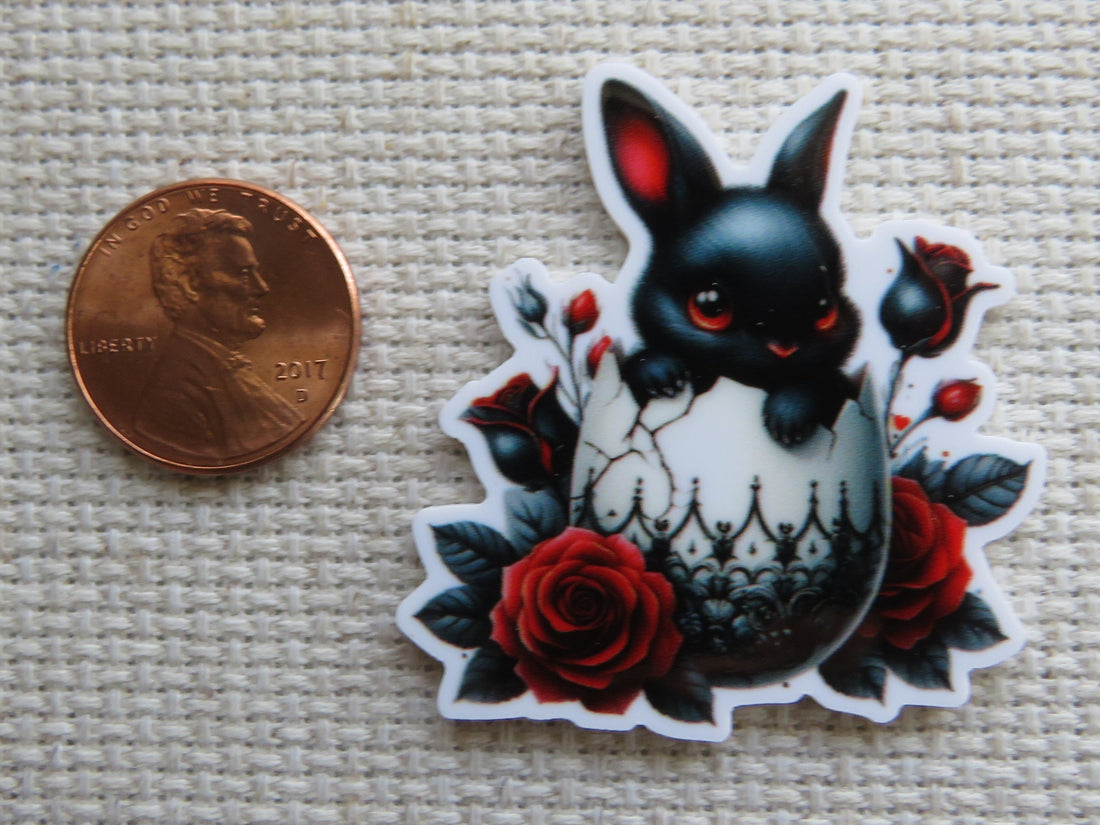 First view of Black Easter Bunny in an Eggshell Needle Minder.