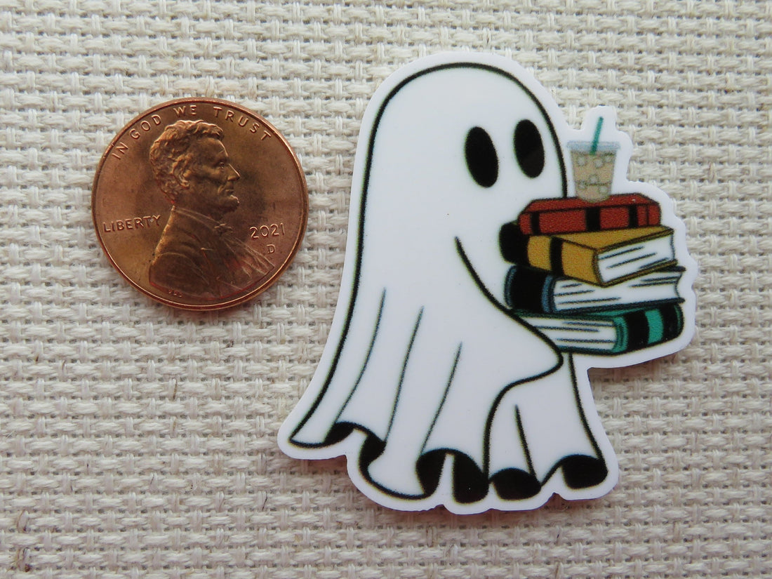 First  view of a ghost carrying a stack of books with a drink on top minder.