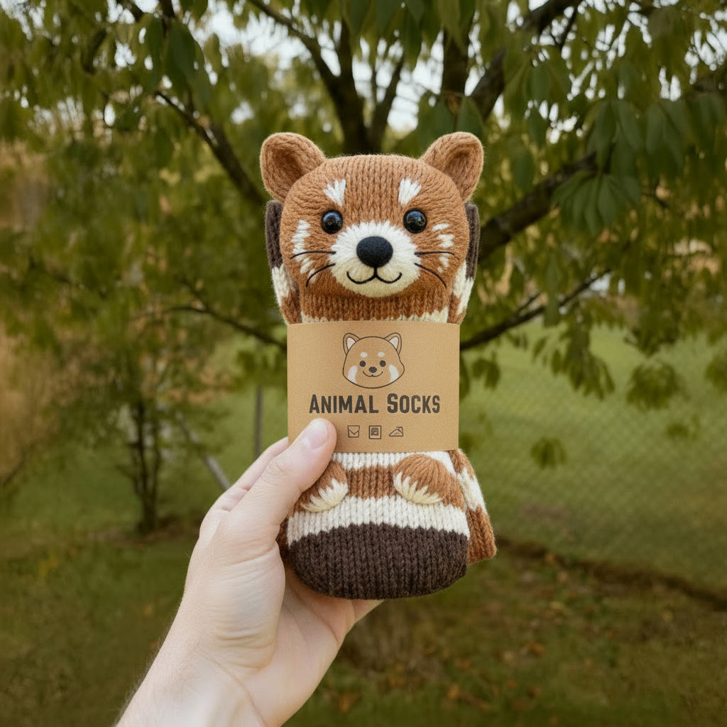 Hand holding a knitted red panda sock with a cardboard sleeve labeled 'Animal Socks' against a natural background.