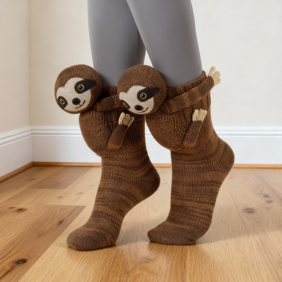 Brown sloth-themed socks worn on a wooden floor.