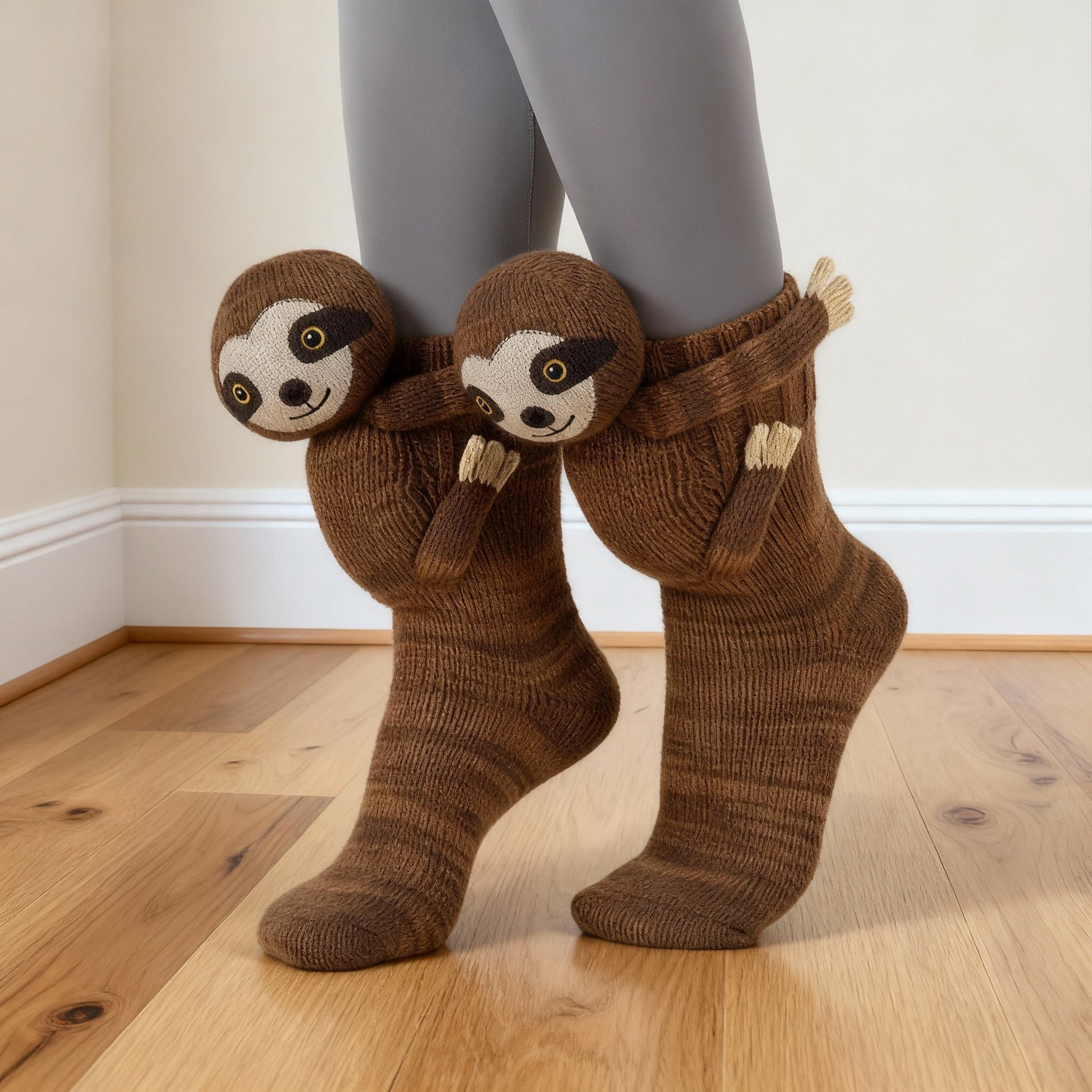 Brown sloth-themed socks worn on a wooden floor.